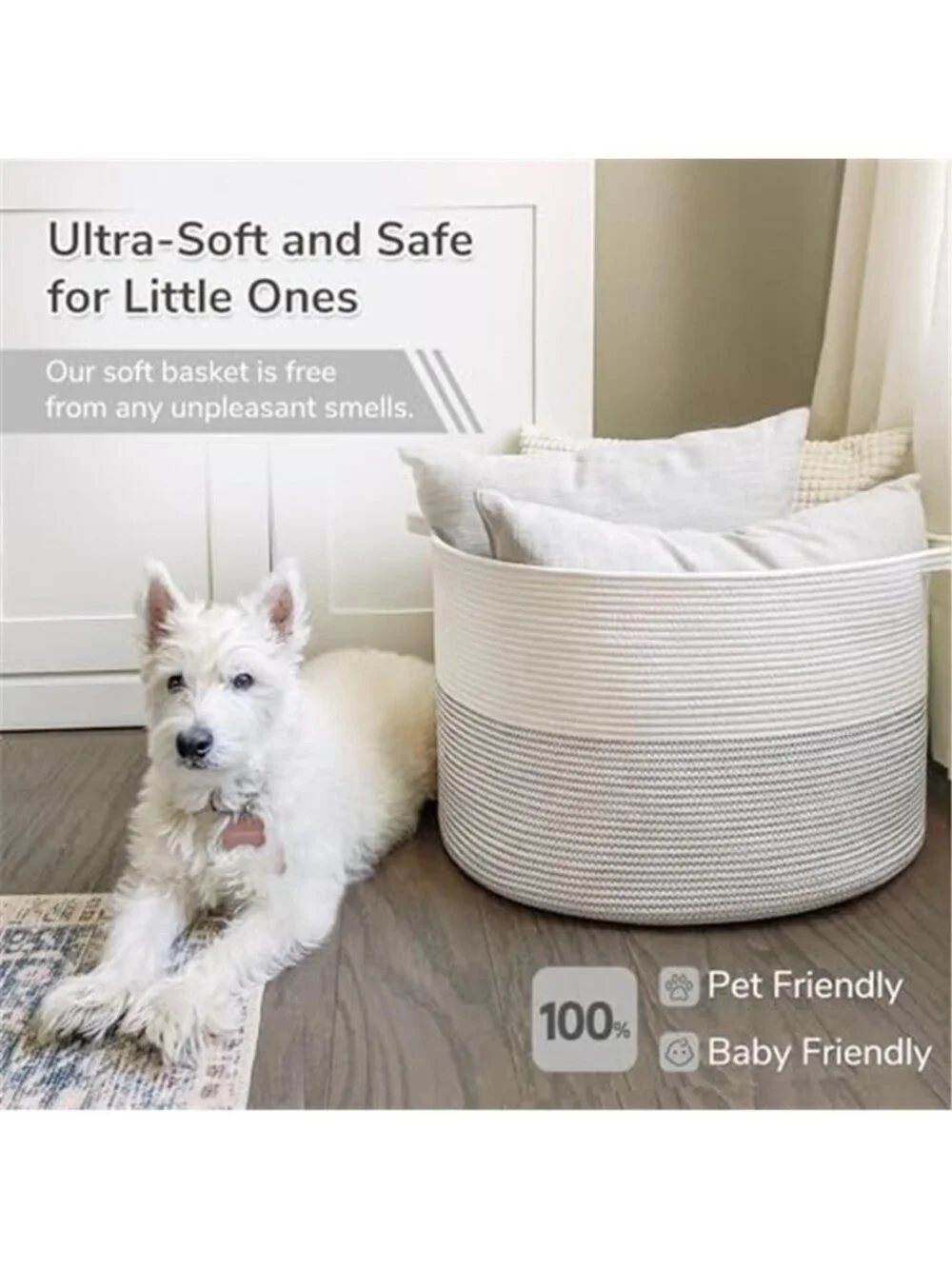 New XXXLarge Woven Rope Blanket Basket Living Room White, 90L